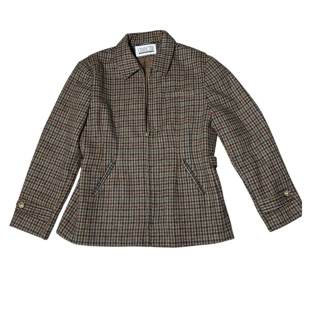 Vintage 90s Equestrian Wool Houndstooth Zip Country Jacket Size 12